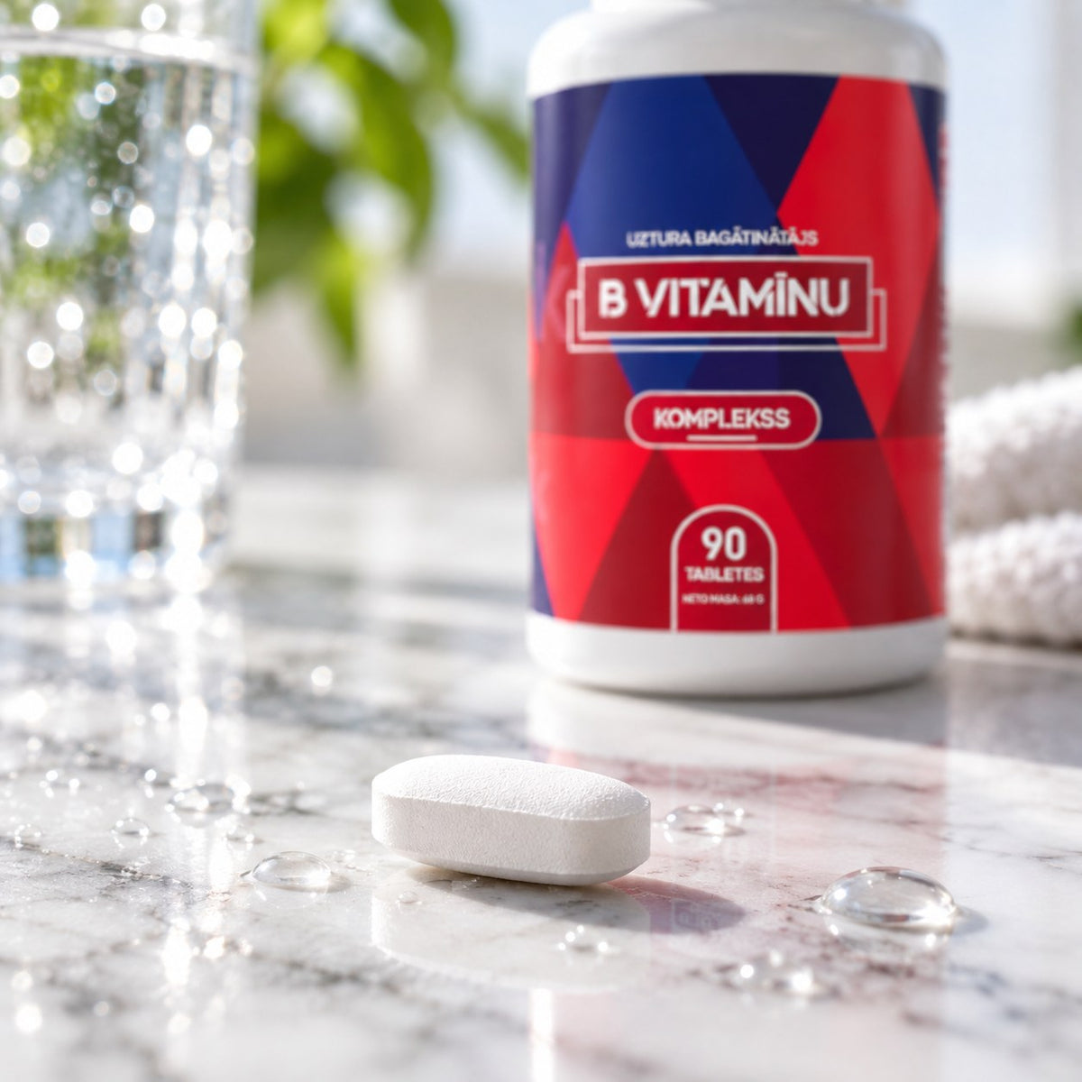B vitamīnu kompleksa tablete tuvplānā
