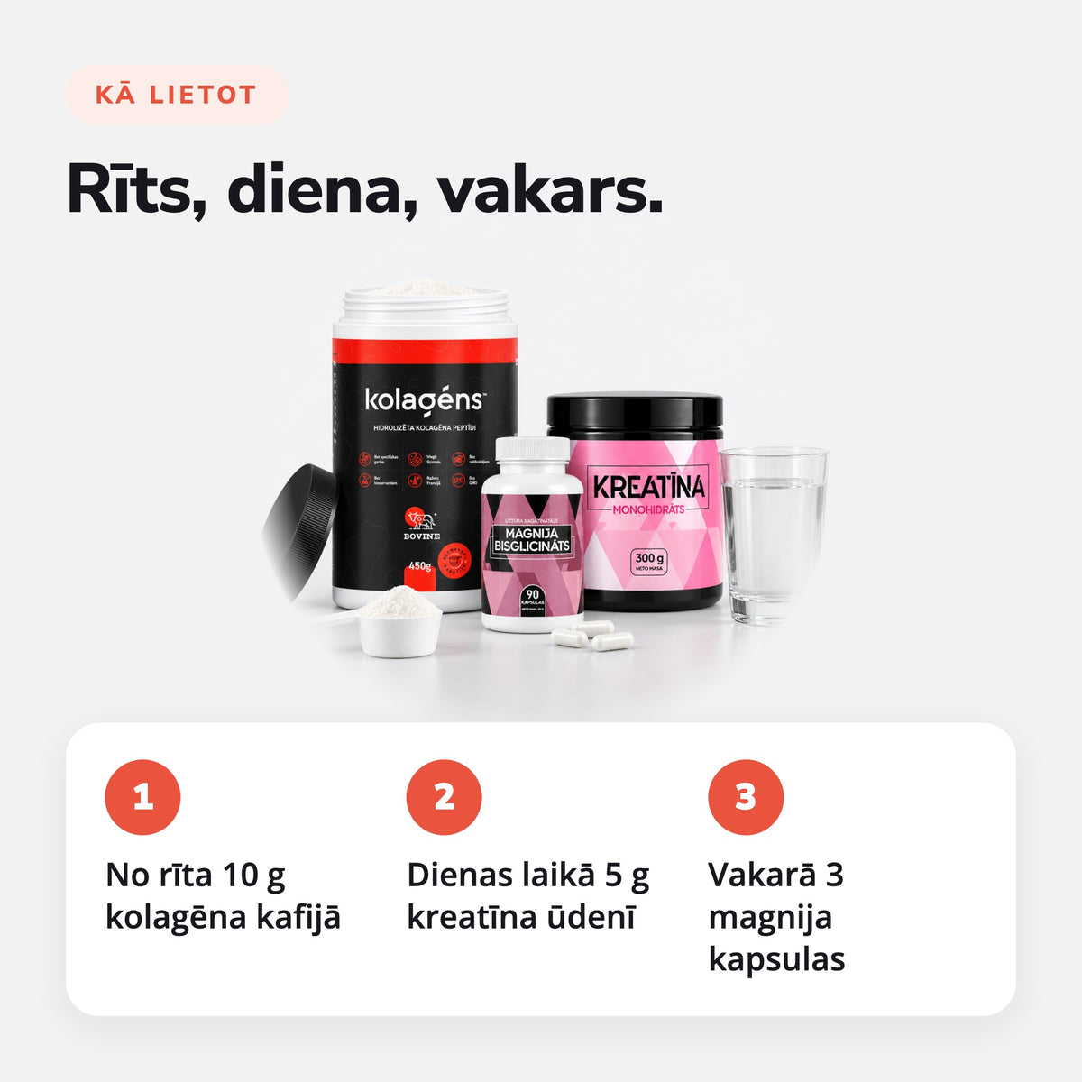Komplekts Sportam (Kolagēns + Kreatīns + Magnijs): Rīts, diena, vakars