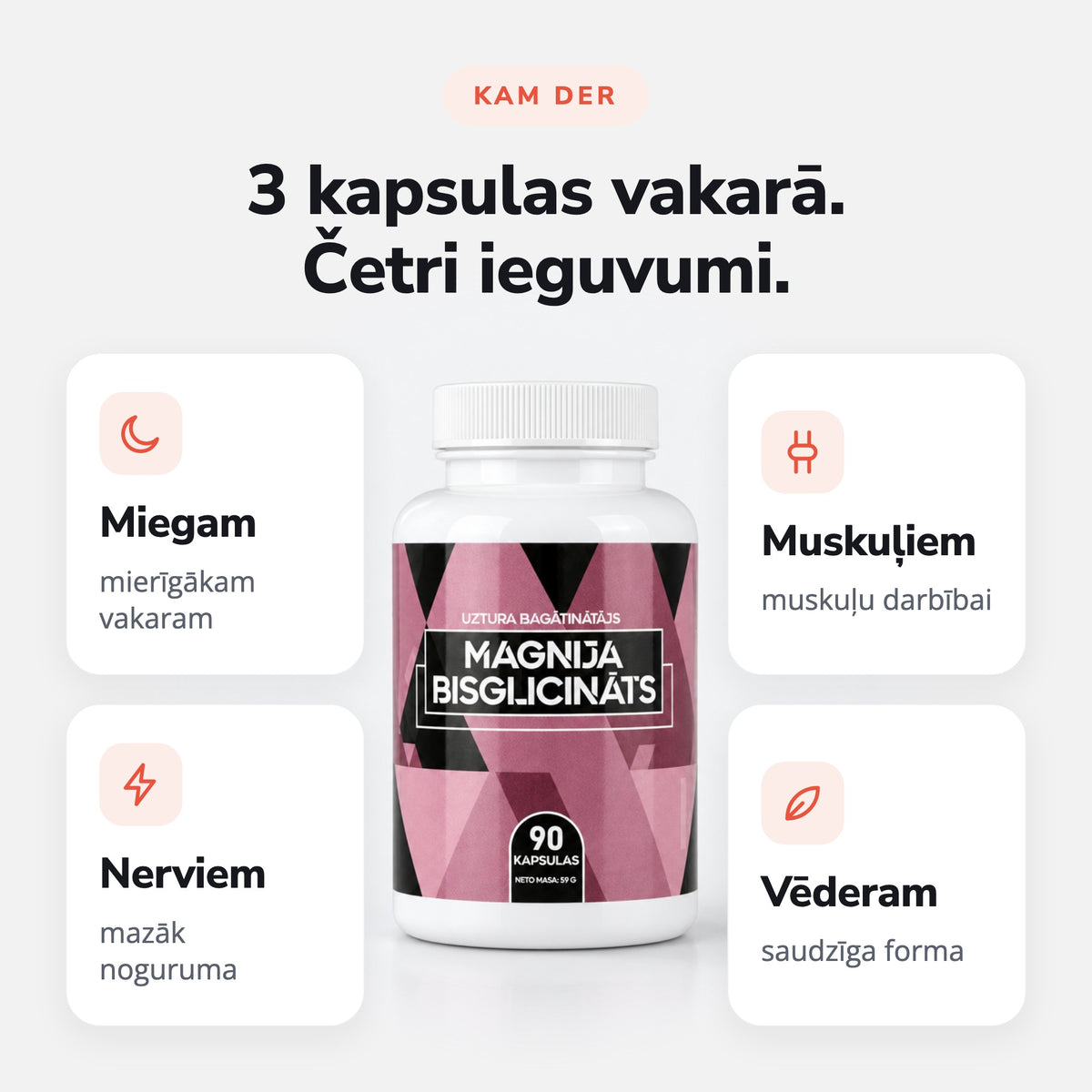 Magnija bisglicināts: miegam, muskuļiem, nerviem, vēderam