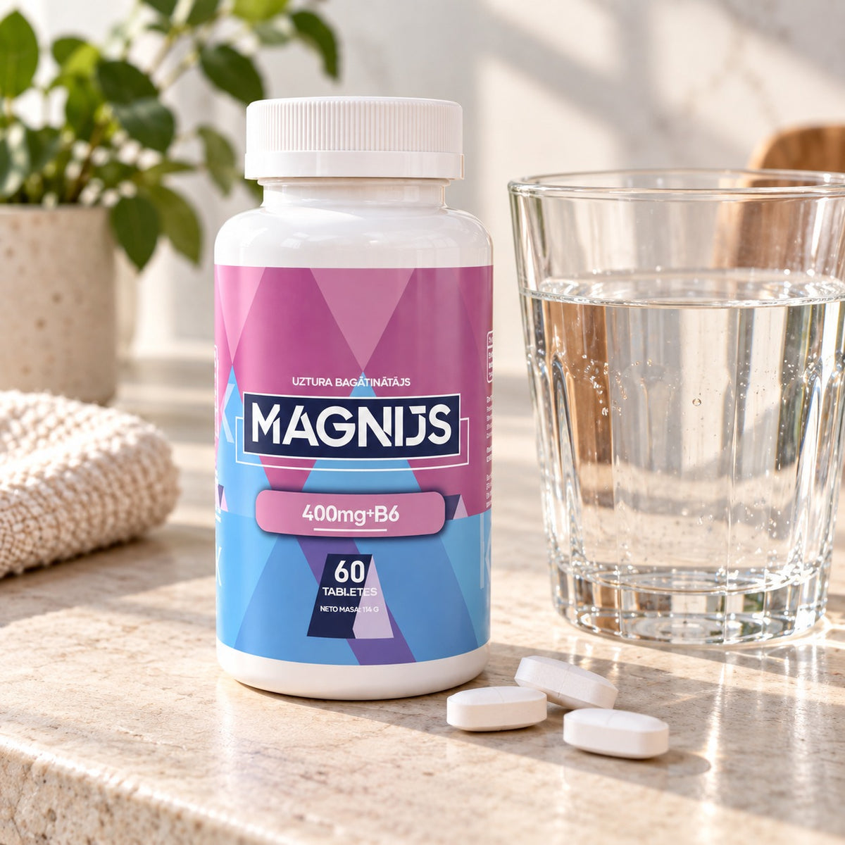 Magnijs 400 mg + B6 ar glāzi ūdens un tabletēm