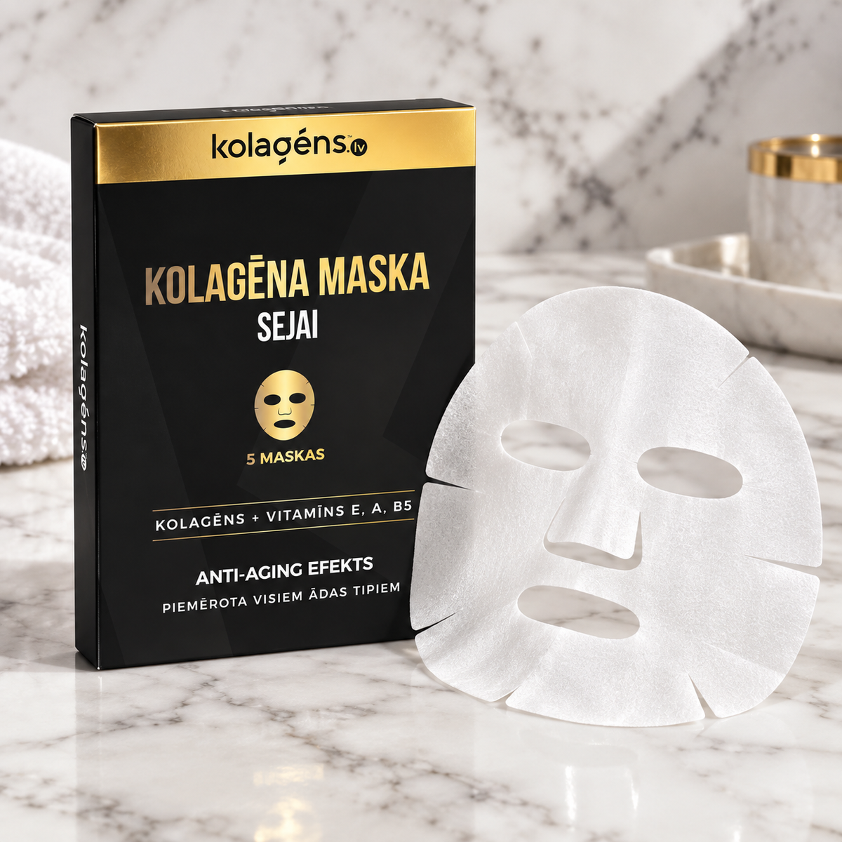 Kolagēna maska sejai, kaste un izklāta auduma maska uz marmora