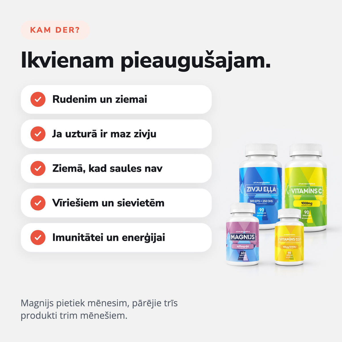 Vitamīnu komplekts (C, D3, Magnijs + B6, Zivju eļļa): Ikvienam pieaugušajam