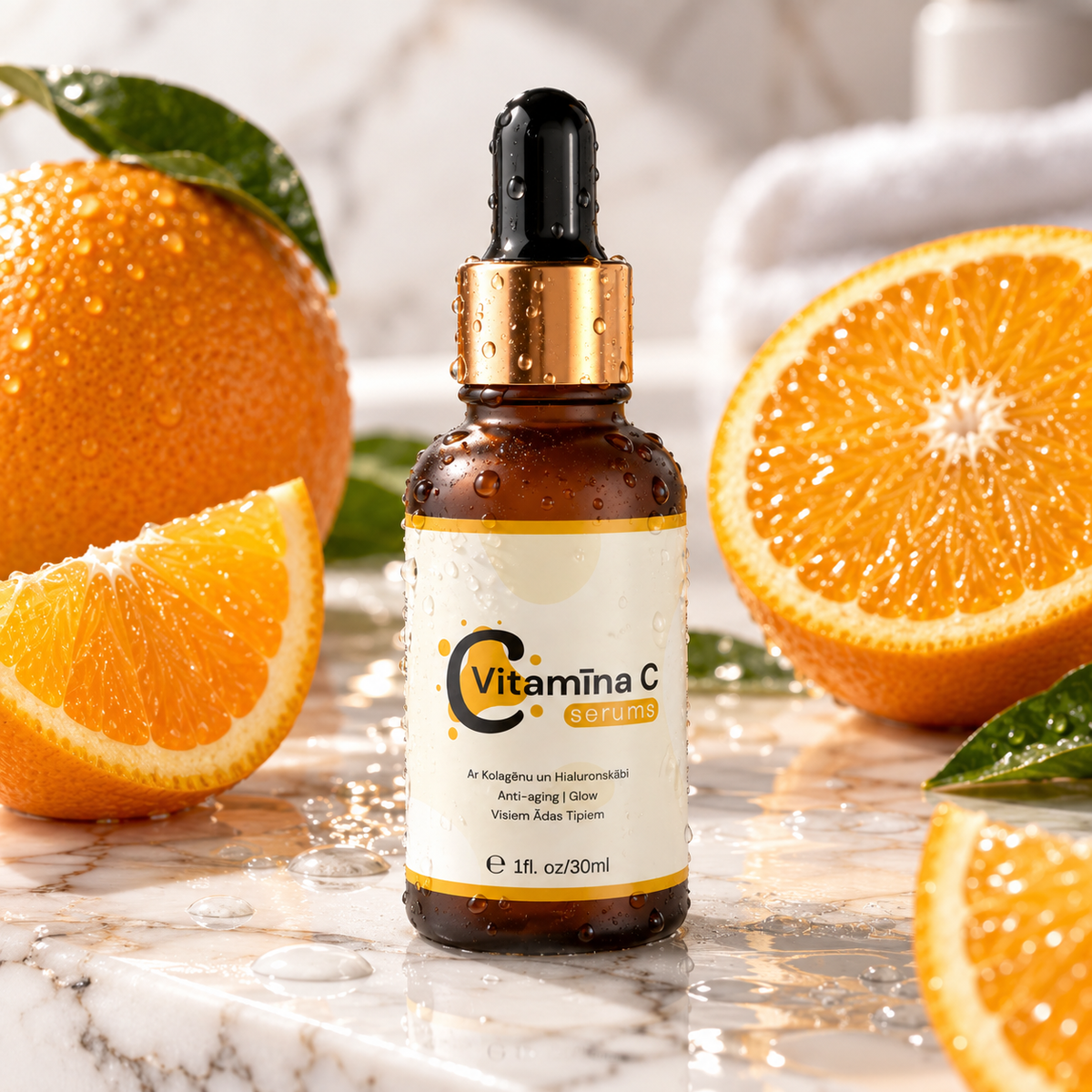 Vitamīna C serums uz marmora ar apelsīnu