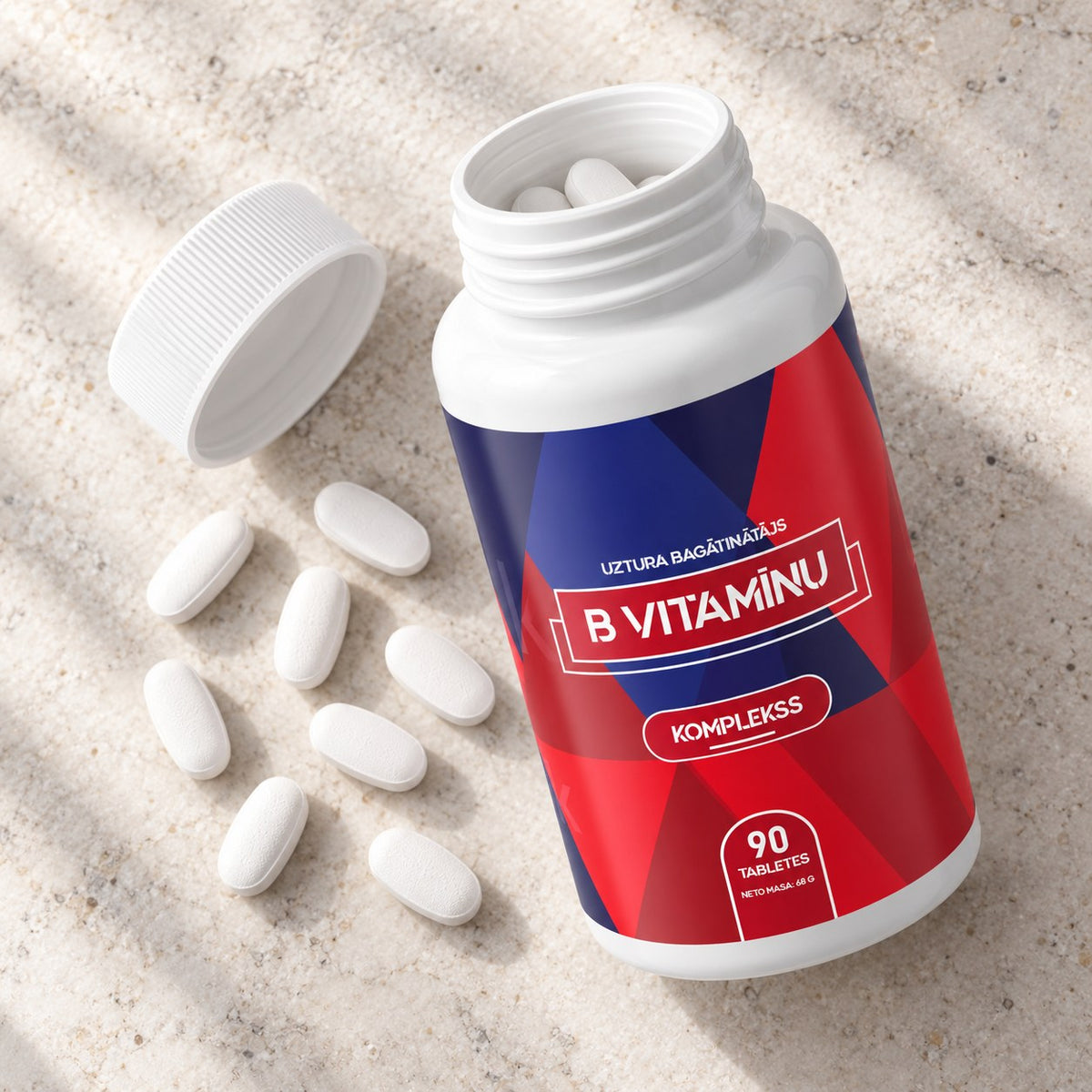 B vitamīnu komplekss, atvērta pudele ar tabletēm