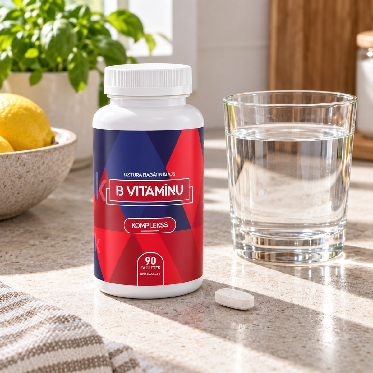 B vitamīnu komplekss ar glāzi ūdens