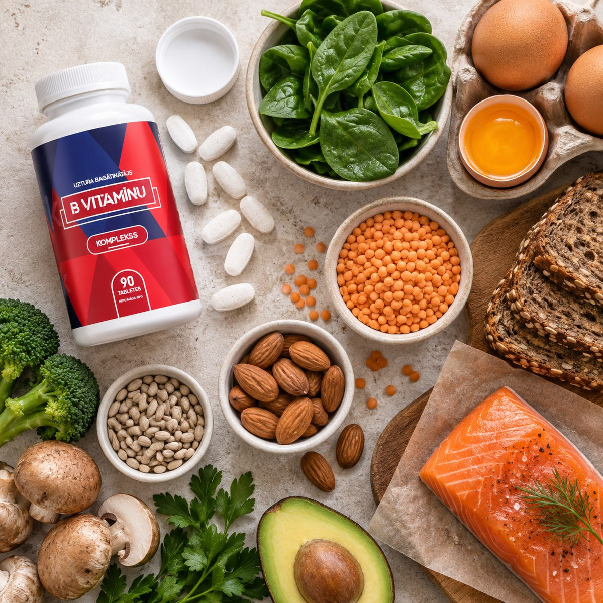 B vitamīnu komplekss un B vitamīnu avoti uzturā