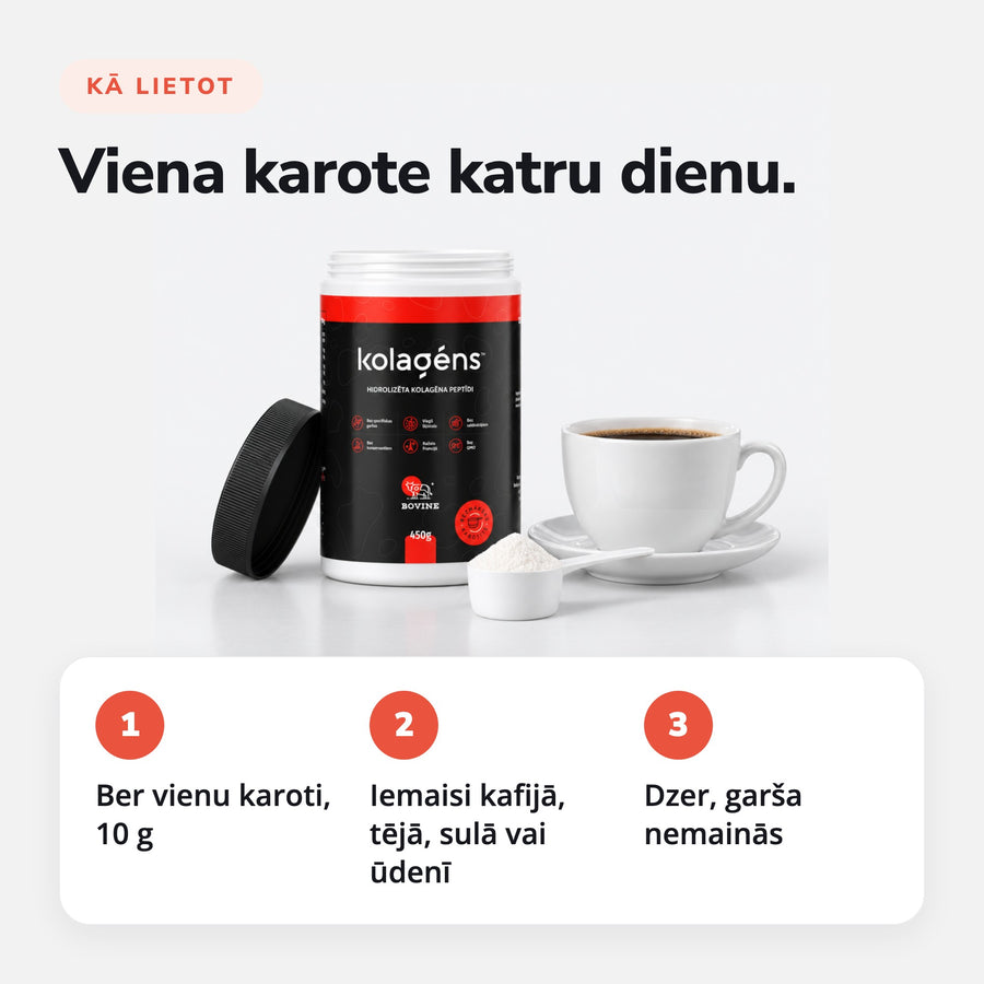 Kā lietot Kolagēns™: viena karote kafijā, tējā, sulā vai ūdenī