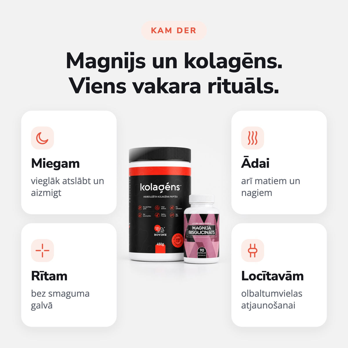 Komplekts Mieram (Kolagēns + Magnija bisglicināts): Magnijs un kolagēns. Viens vakara rituāls