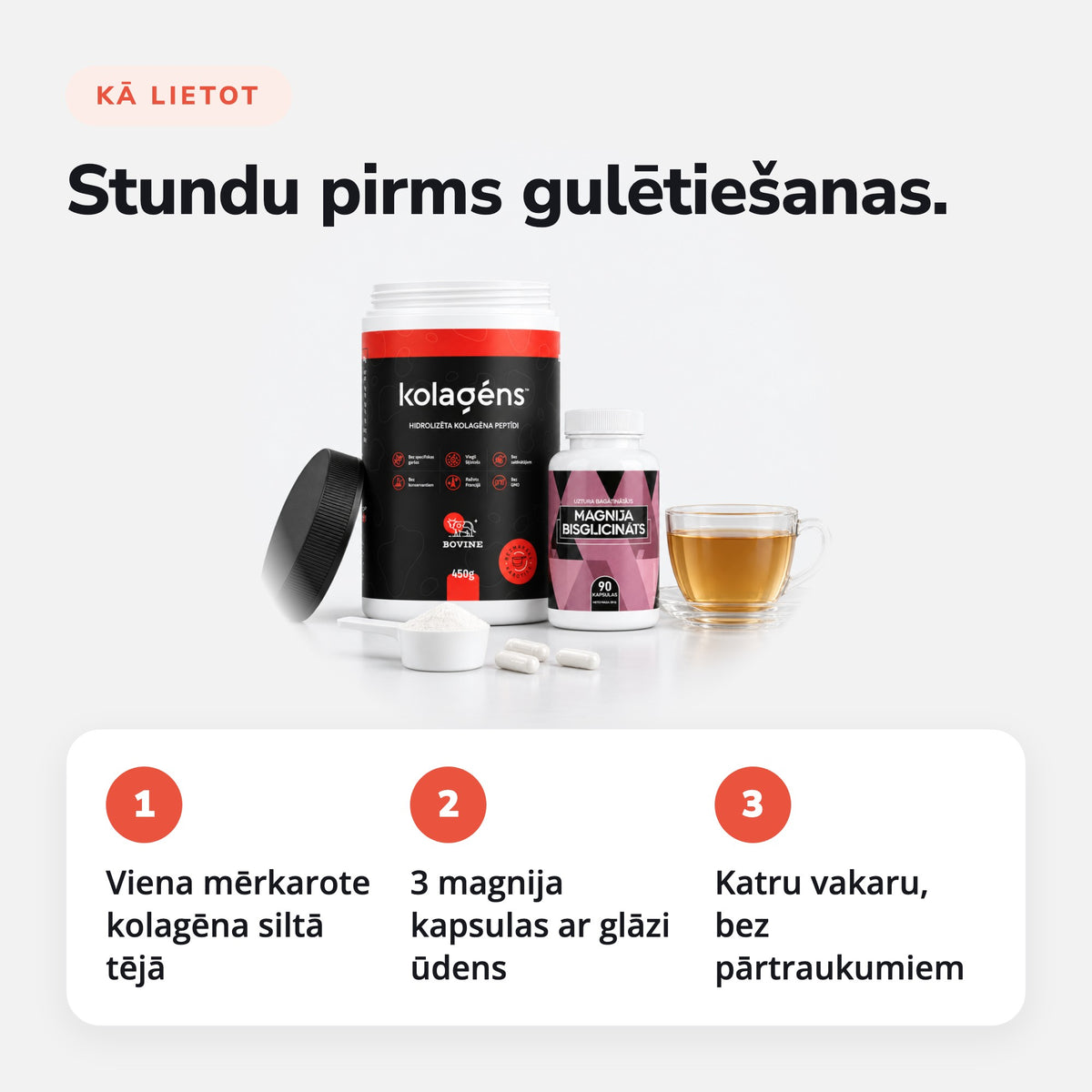 Komplekts Mieram (Kolagēns + Magnija bisglicināts): Stundu pirms gulētiešanas