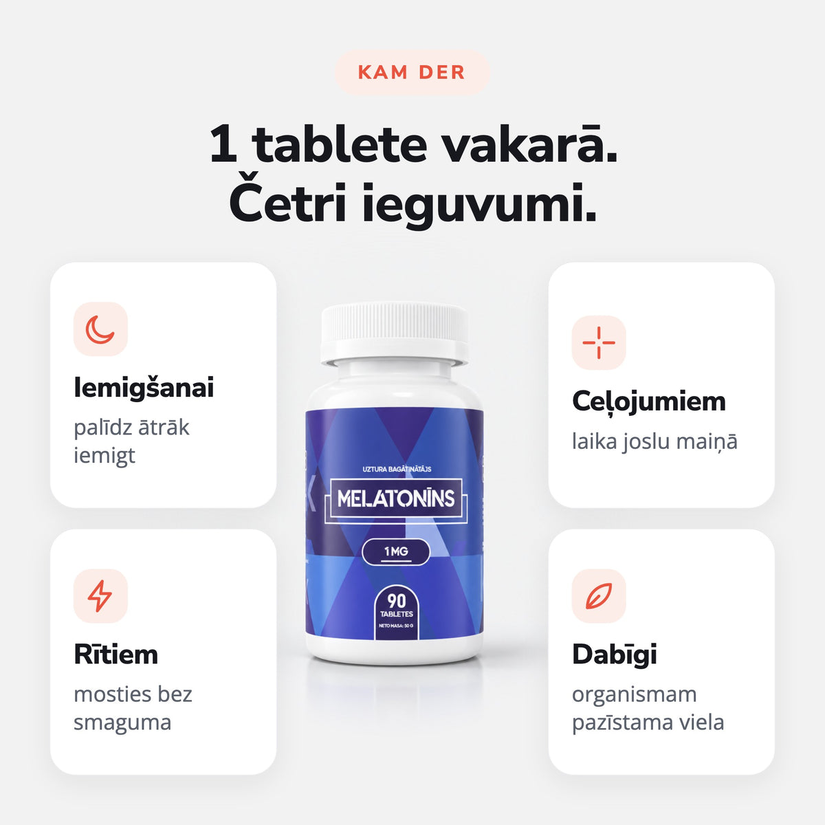 Melatonīns 1 mg 90 tabletes: 1 tablete vakarā. Četri ieguvumi