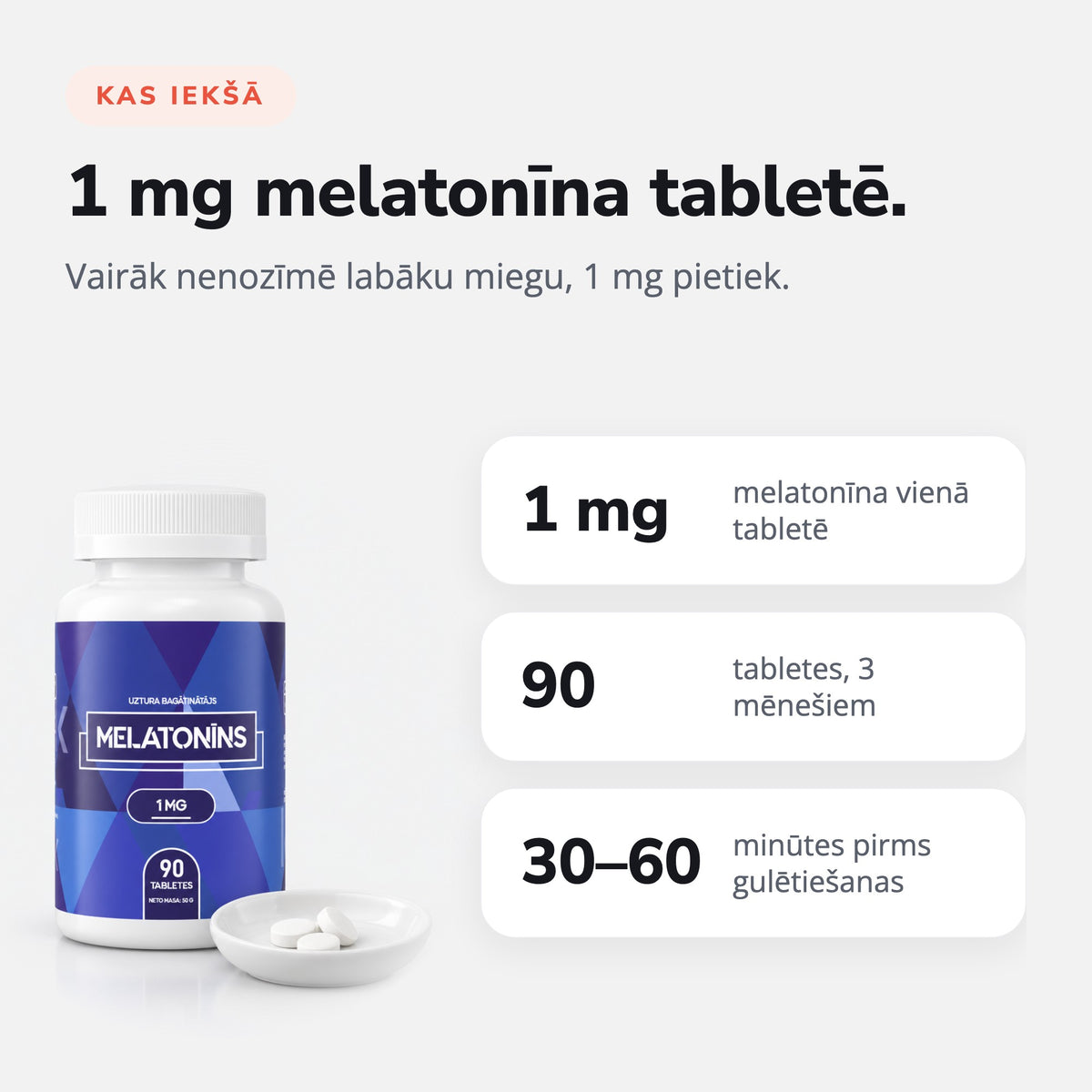 Melatonīns 1 mg 90 tabletes: 1 mg melatonīna tabletē