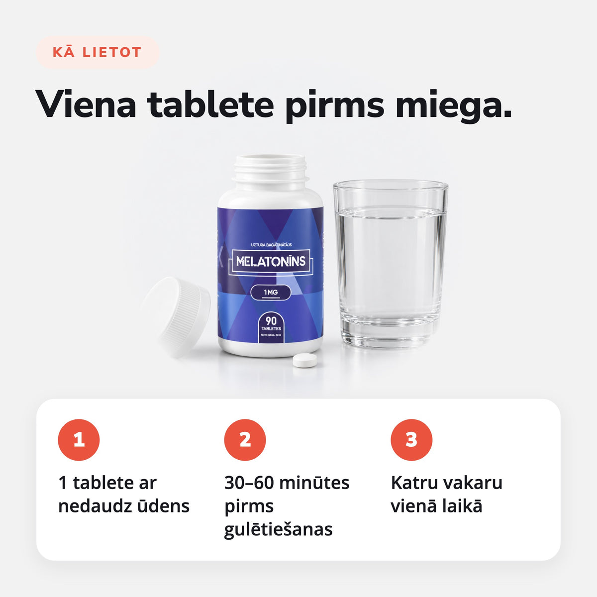 Melatonīns 1 mg 90 tabletes: Viena tablete pirms miega