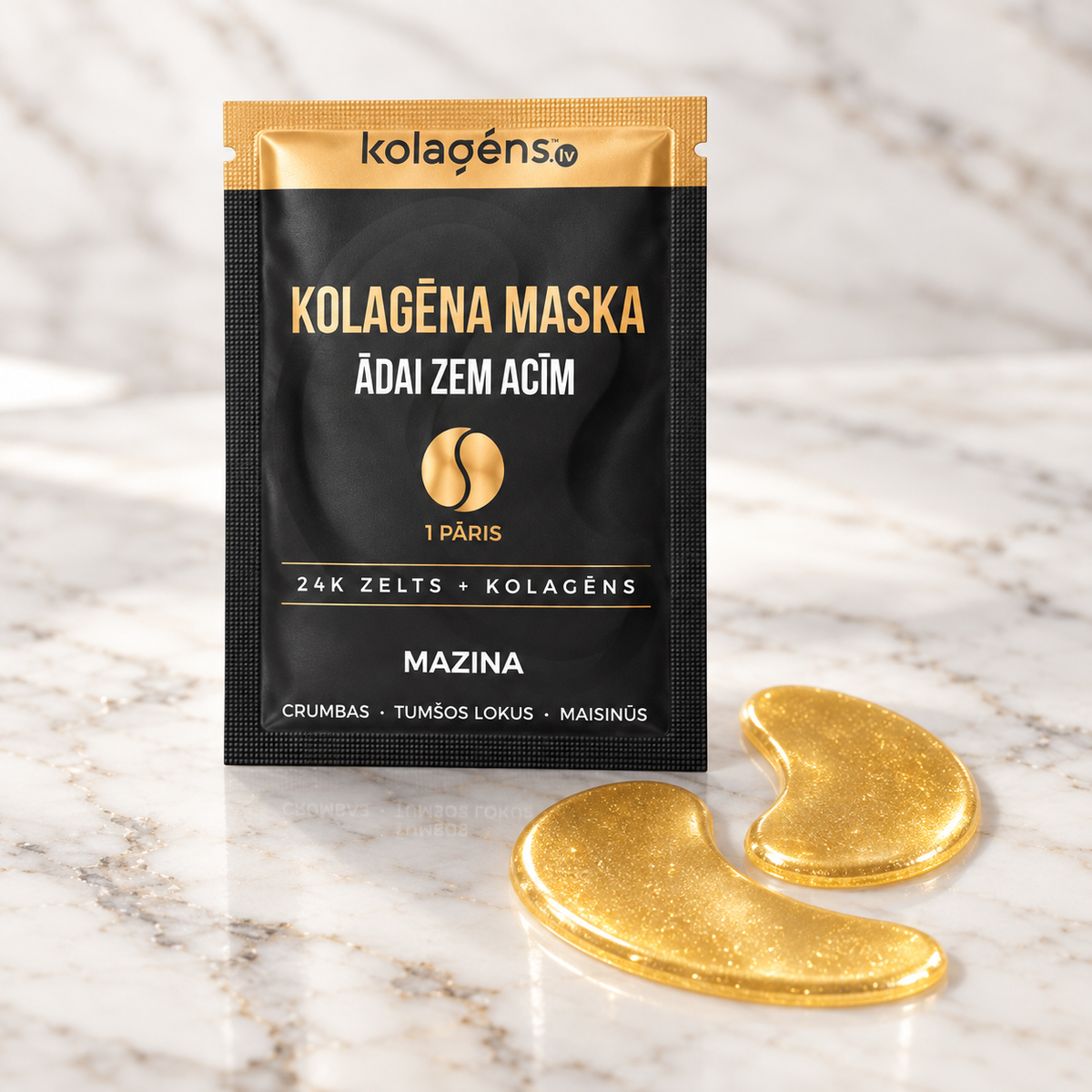 Kolagēna maska ādai zem acīm ar zelta pači uz marmora