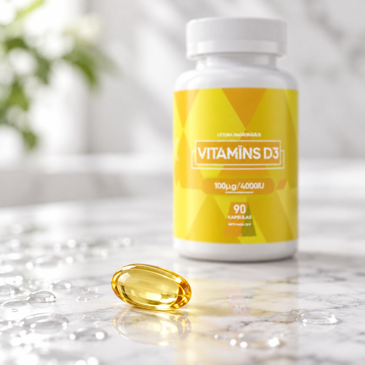 Vitamīna D3 kapsula tuvplānā