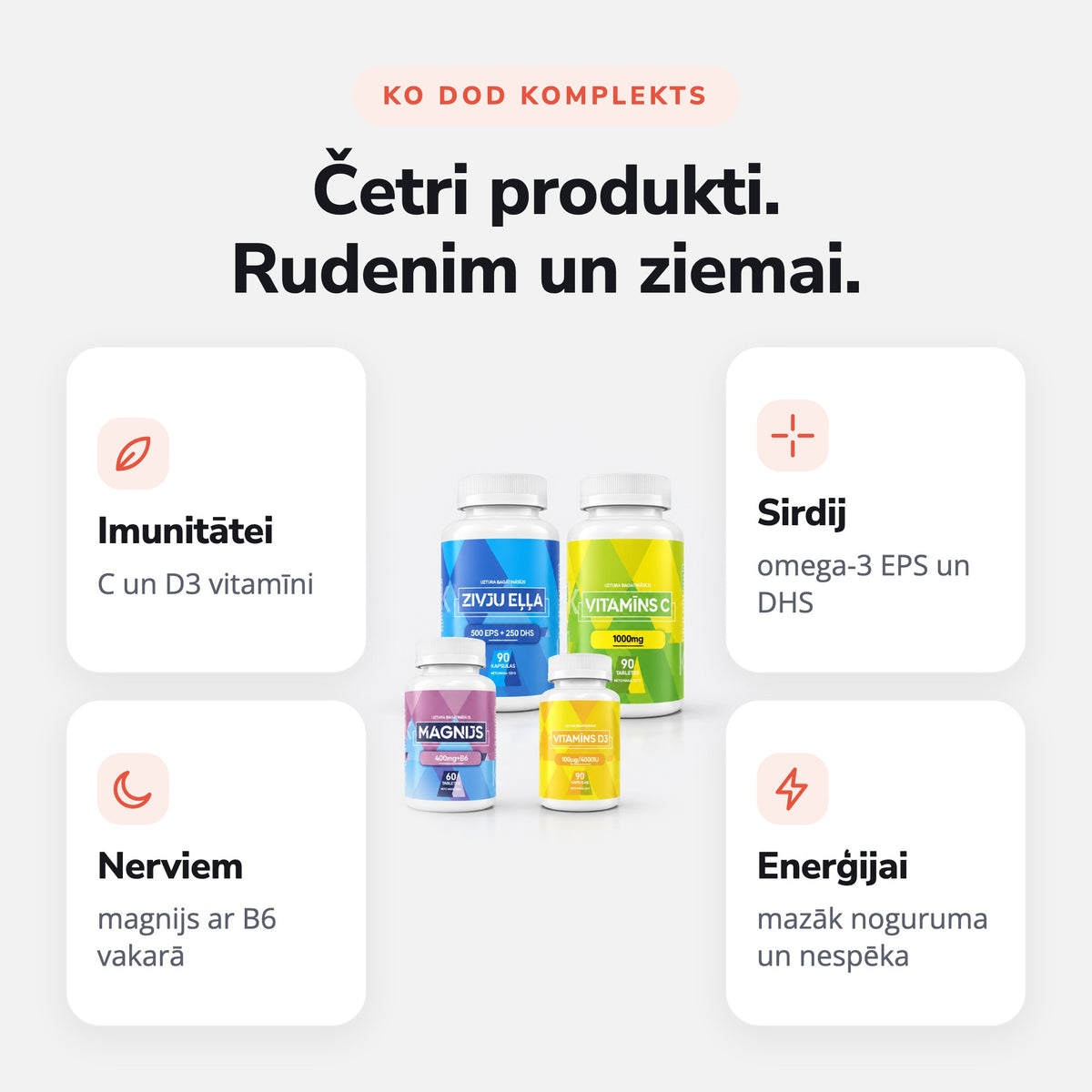 Vitamīnu komplekts (C, D3, Magnijs + B6, Zivju eļļa): Četri produkti. Rudenim un ziemai