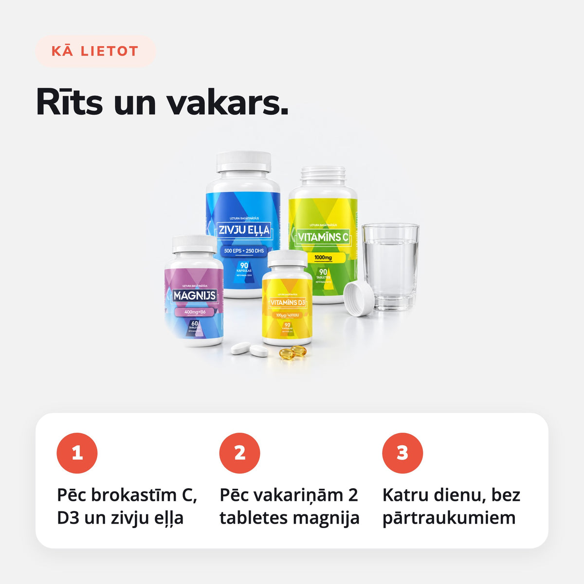 Vitamīnu komplekts (C, D3, Magnijs + B6, Zivju eļļa): Rīts un vakars