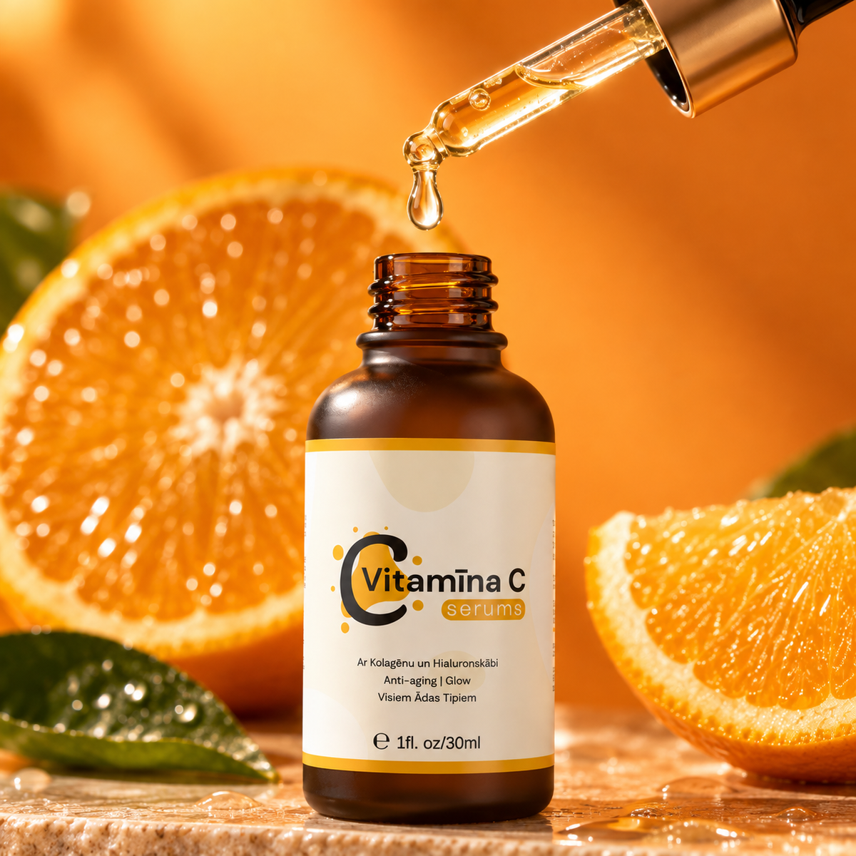 Vitamīna C serums ar pilinātāju un apelsīniem
