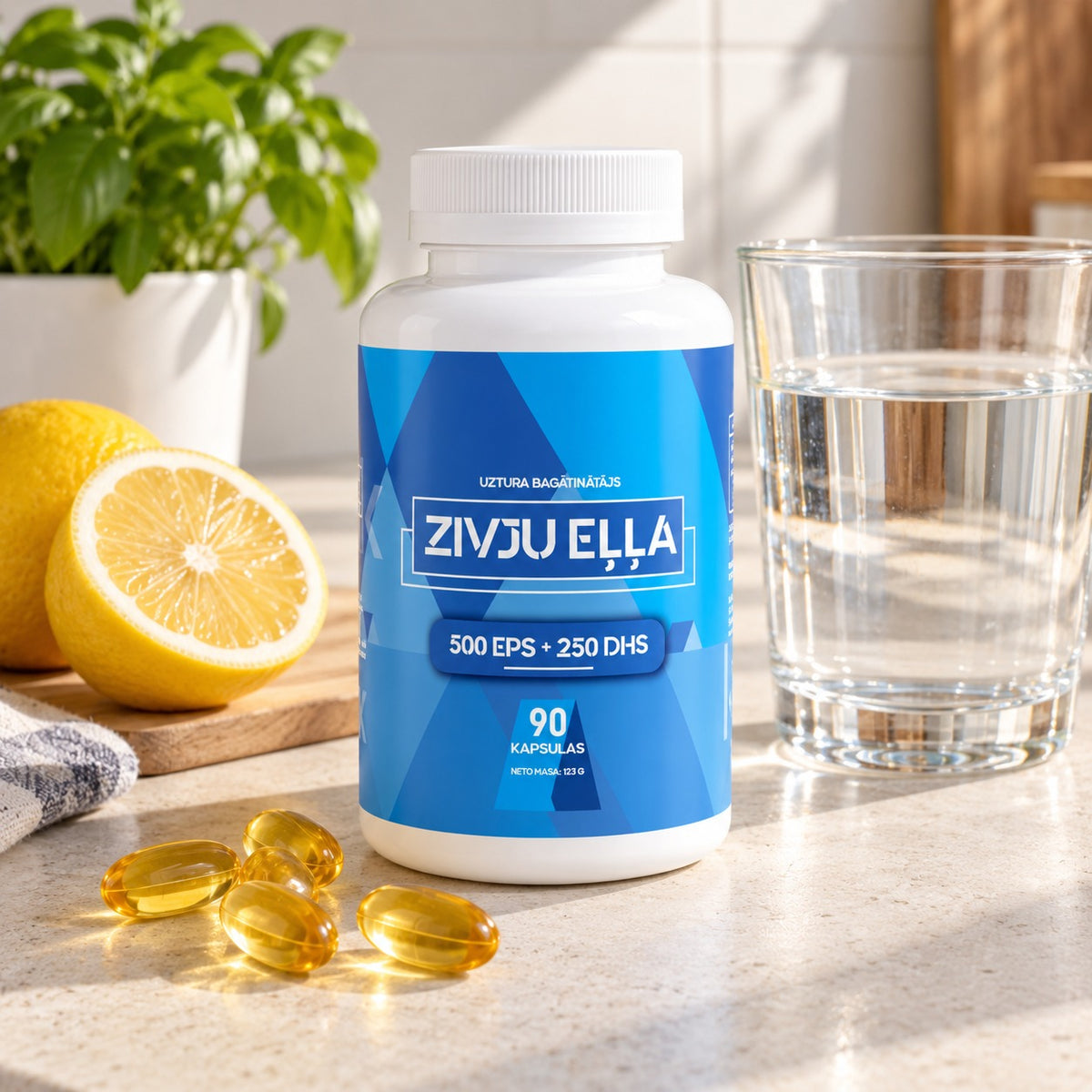 Zivju eļļa ar glāzi ūdens un citronu