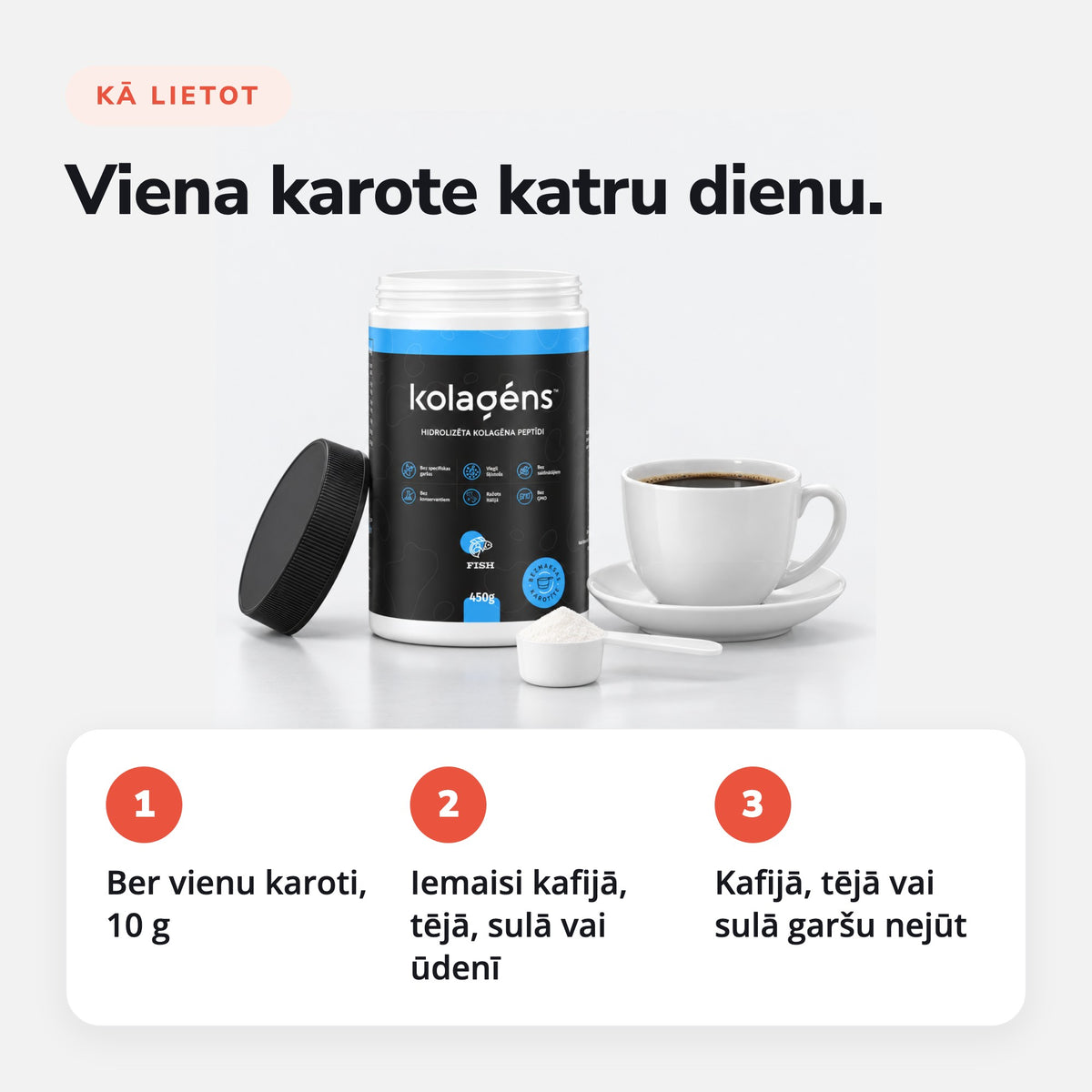 Kā lietot zivju kolagēnu: viena karote kafijā, tējā, sulā vai ūdenī